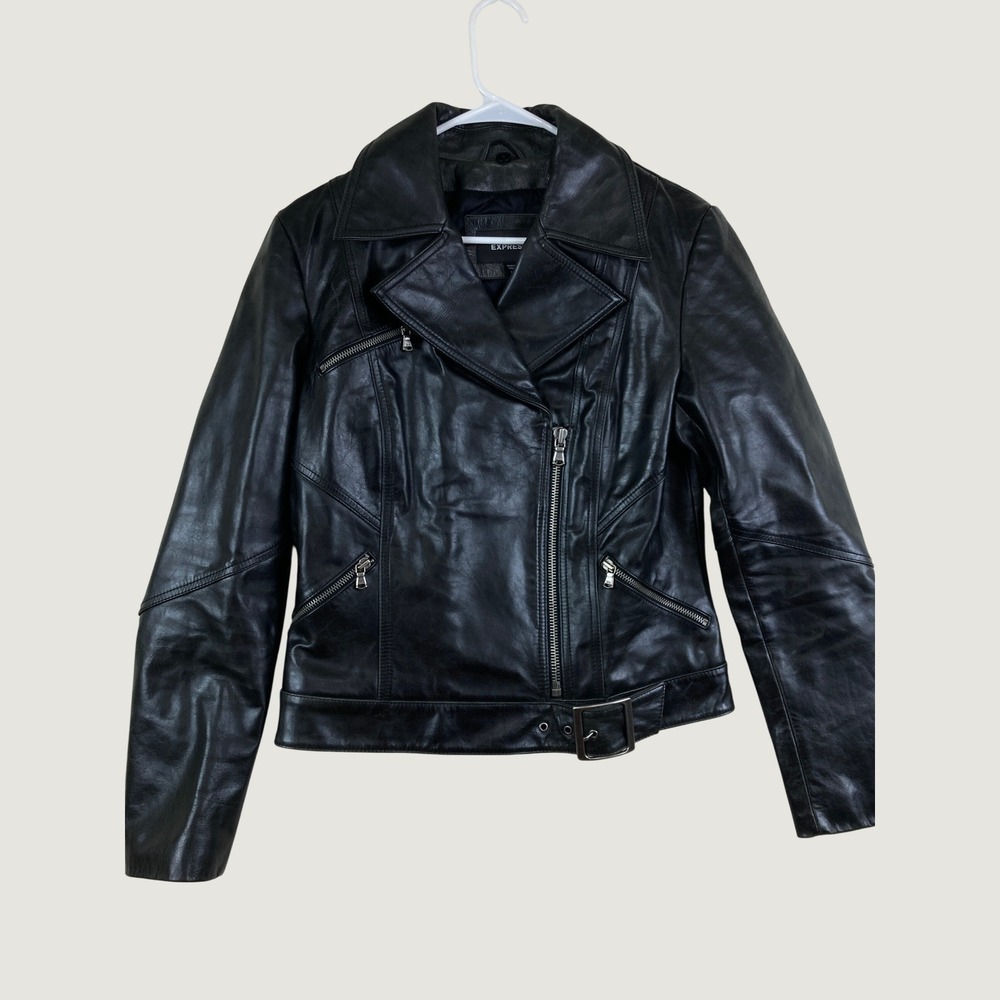 Express Biker Moto Jacket Women L Black Genuine Leather Belted Asymmetrical Y2K - Picture 2 of 8